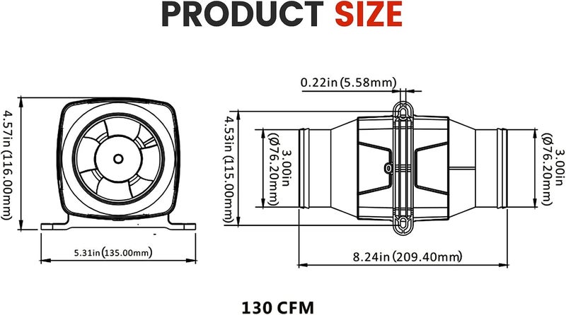 DC HOUSE 3'' in-Line Marine Bilge Air Boat Blower 12V Electric 130 CFM White - Image 5